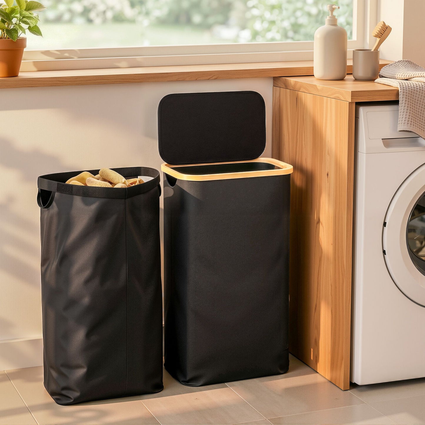 Laundry Basket with Removable Bag – Foldable, 60L Black