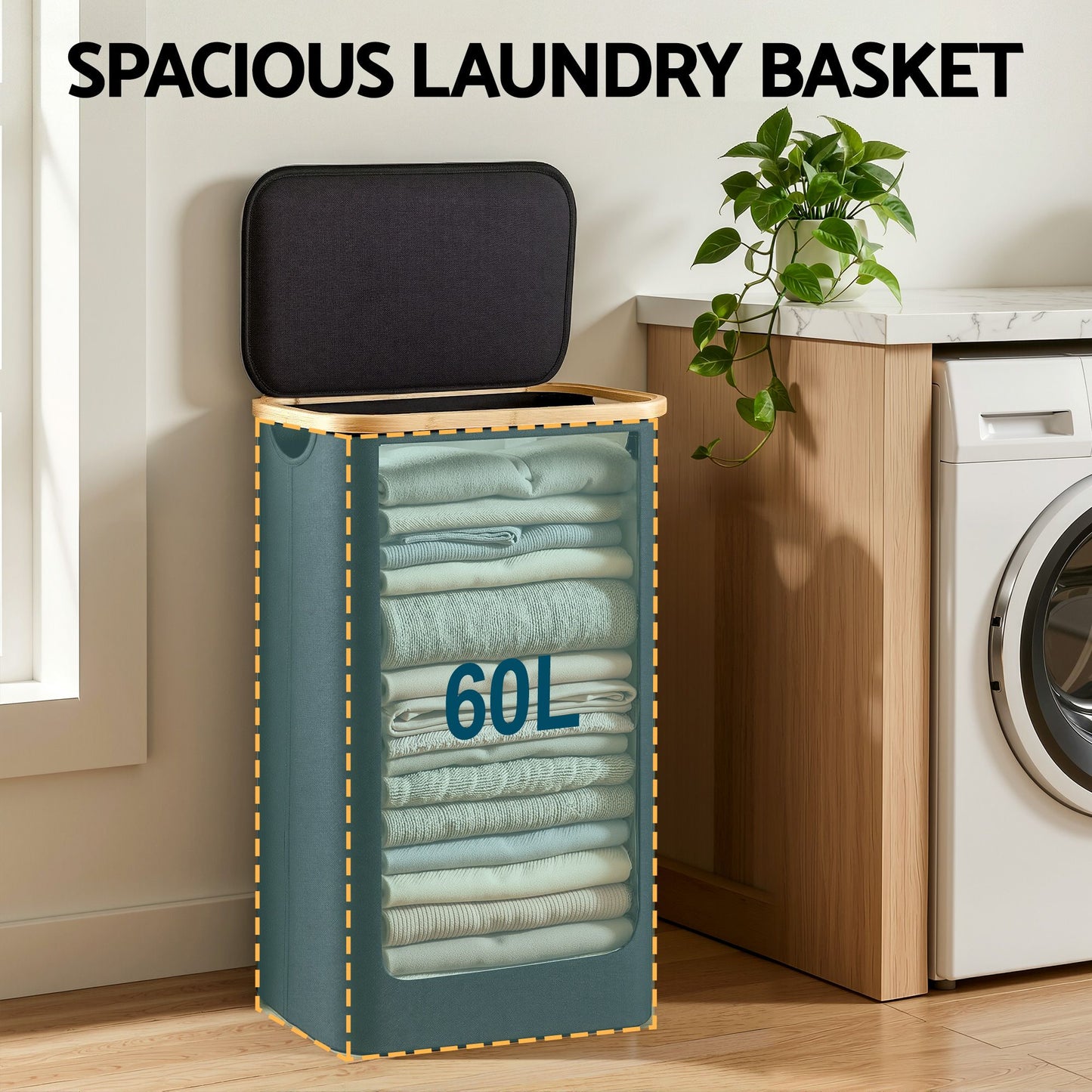 Laundry Basket with Removable Bag – Foldable, 60L Black