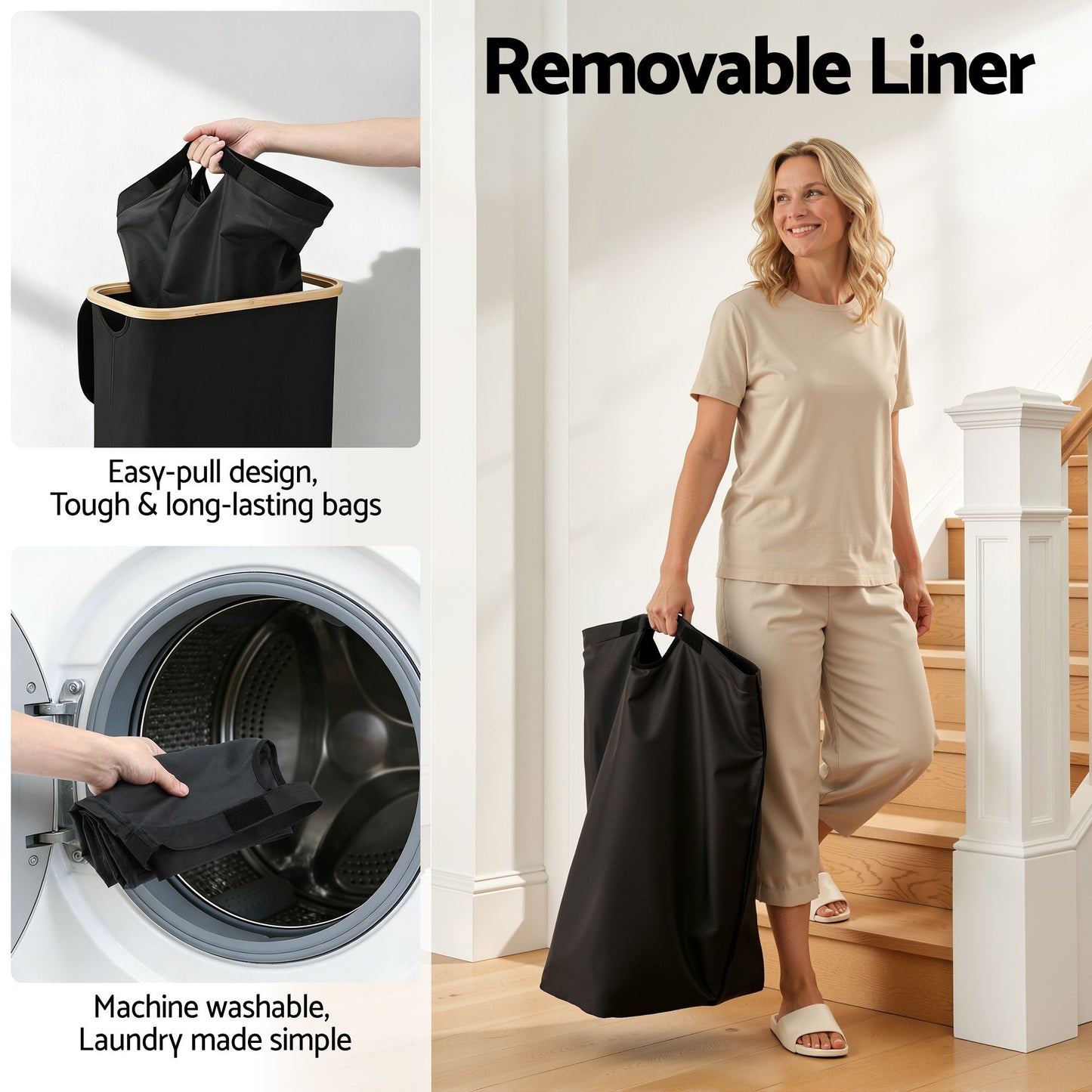 Laundry Basket with Removable Bag – Foldable, 60L Black