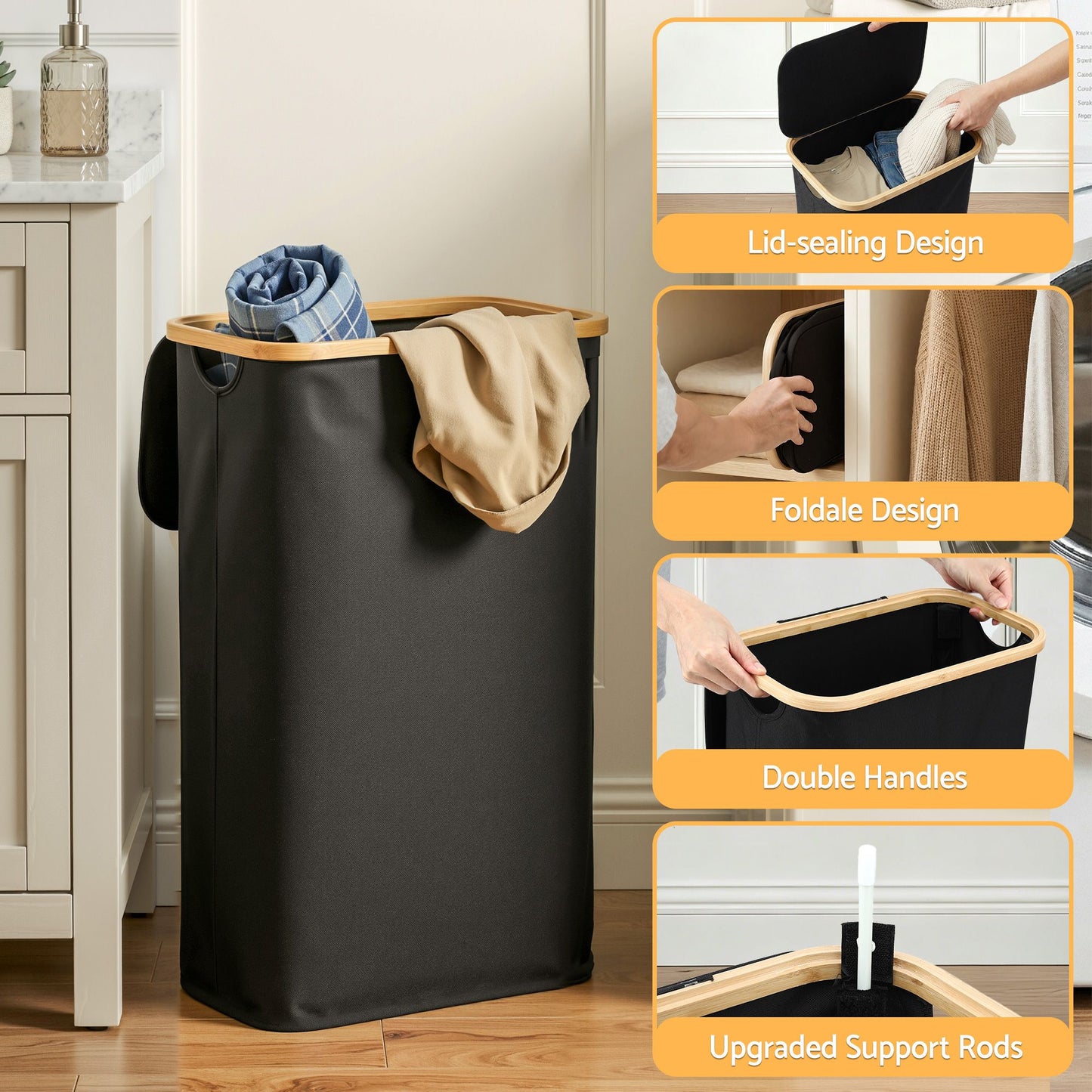 Laundry Basket with Removable Bag – Foldable, 60L Black
