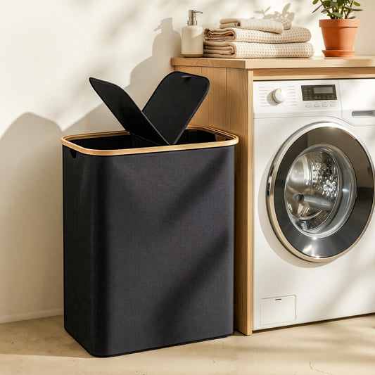 Laundry Basket with 2 Sections and Removable Bags – Foldable Black, 150L Capacity