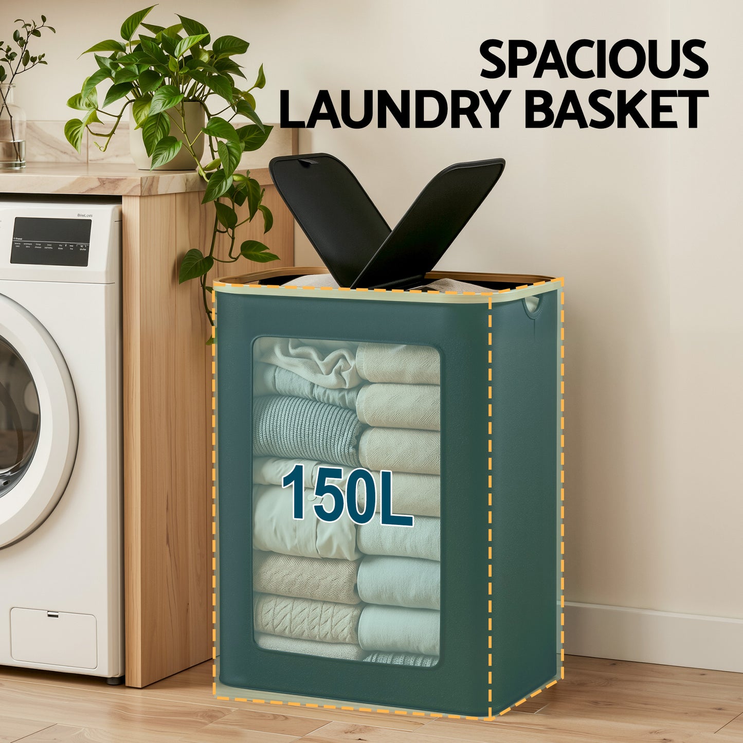 Laundry Basket with 2 Sections and Removable Bags – Foldable Black, 150L Capacity