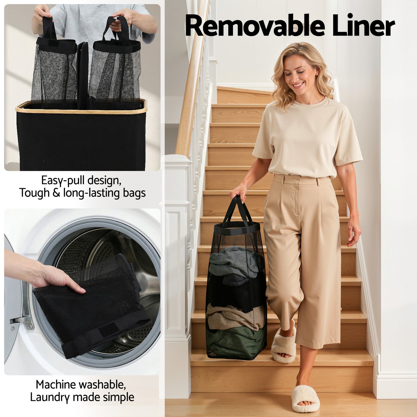 Laundry Basket with 2 Sections and Removable Bags – Foldable Black, 150L Capacity