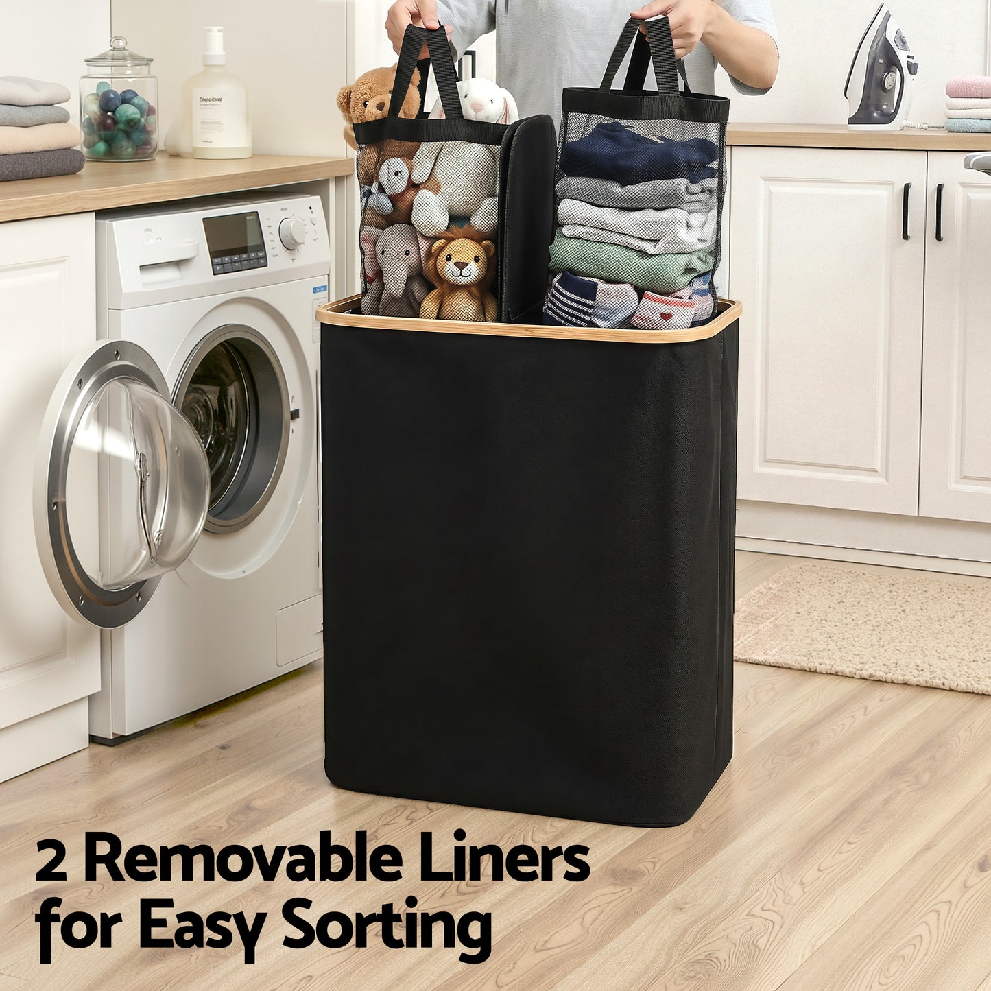 Laundry Basket with 2 Sections and Removable Bags – Foldable Black, 150L Capacity
