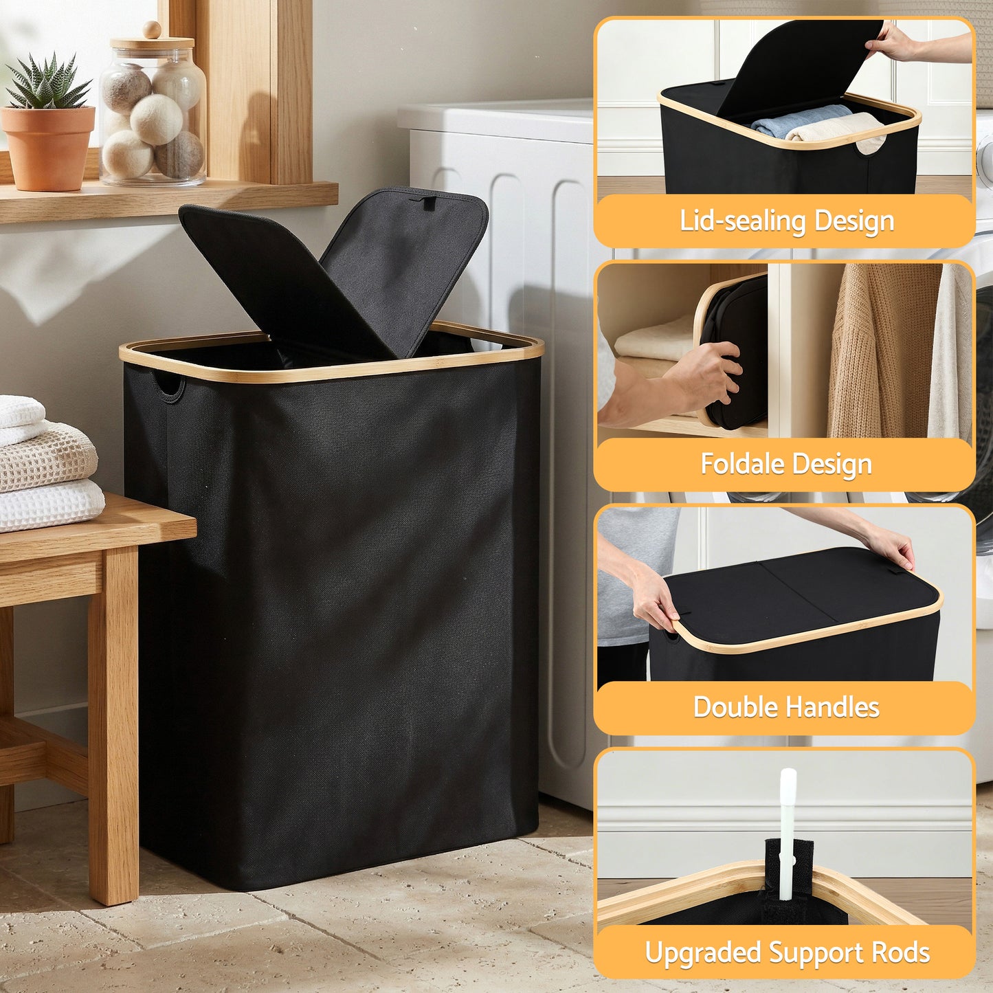 Laundry Basket with 2 Sections and Removable Bags – Foldable Black, 150L Capacity