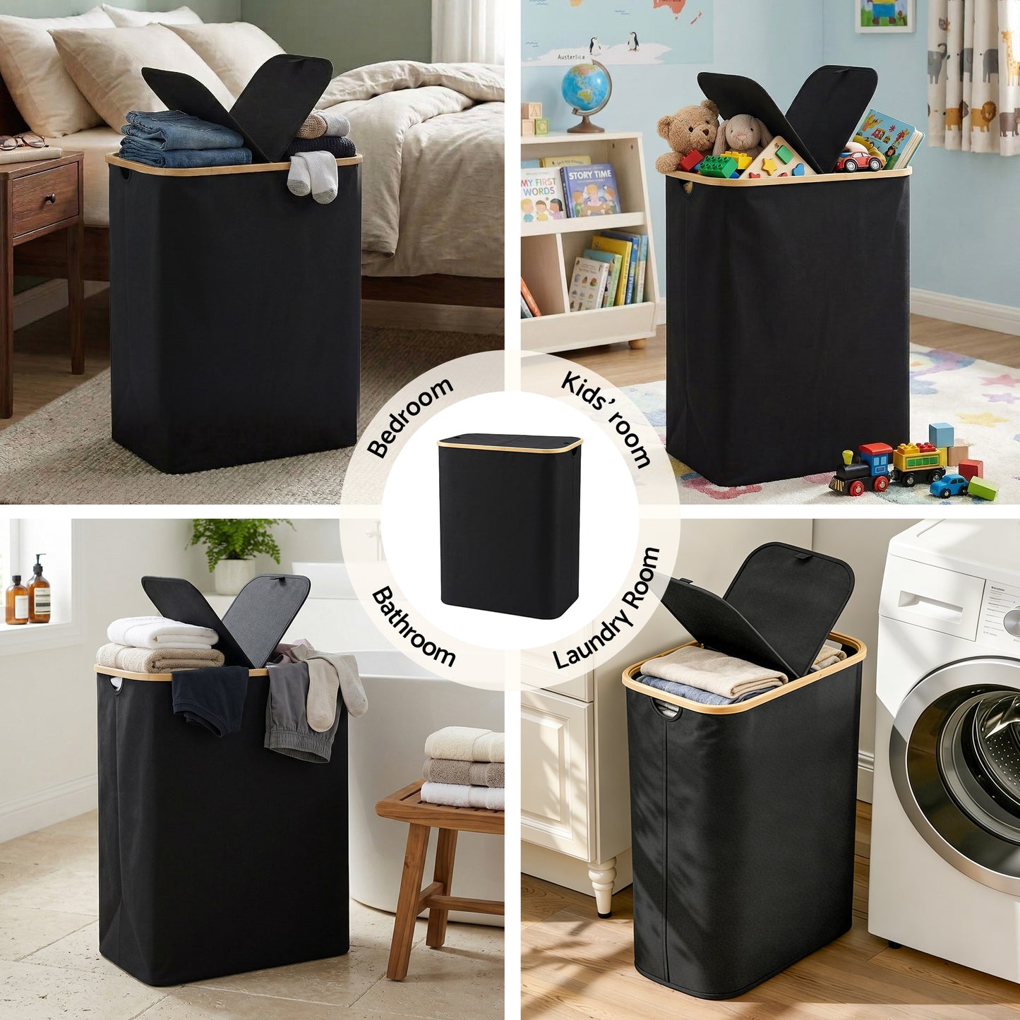 Laundry Basket with 2 Sections and Removable Bags – Foldable Black, 150L Capacity