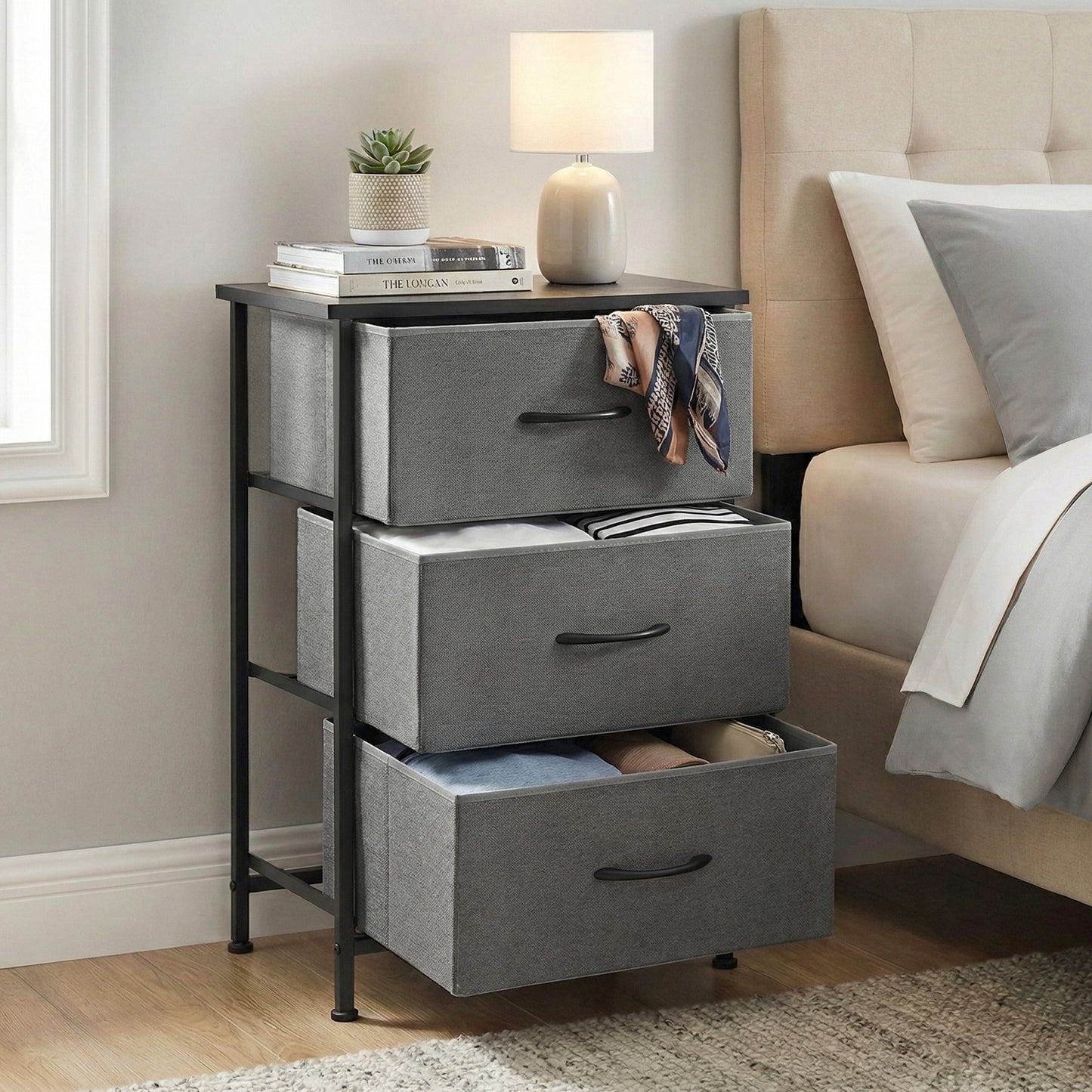 Chest of Drawers – 3 Spacious Grey Drawers with Metal Frame