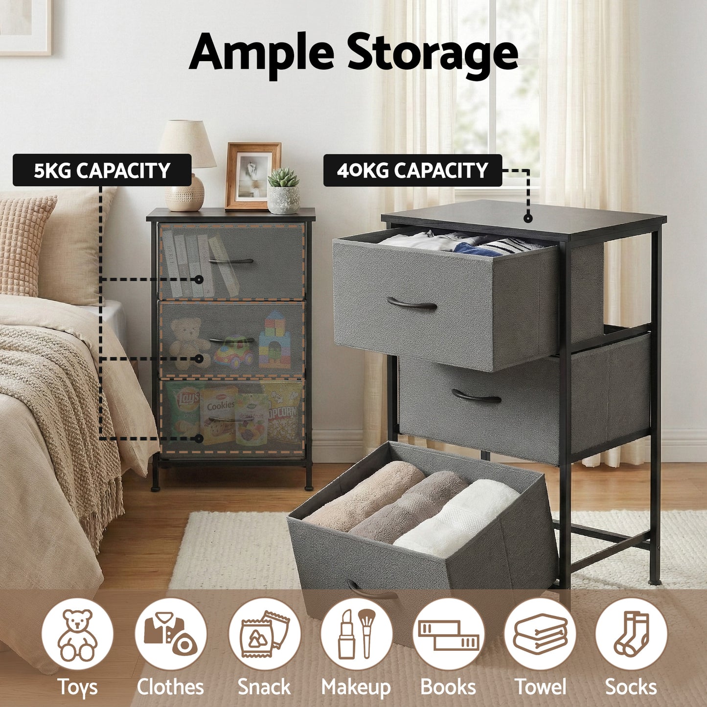 Chest of Drawers – 3 Spacious Grey Drawers with Metal Frame