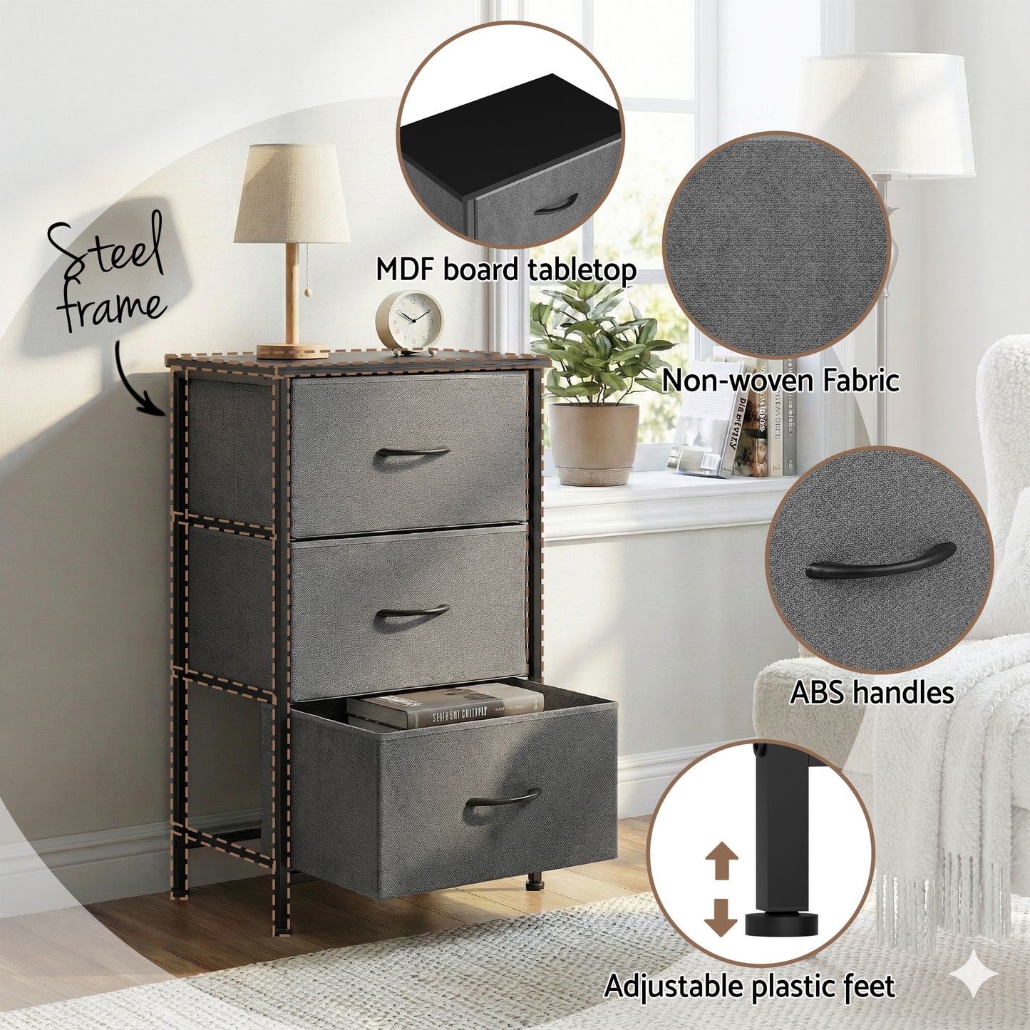 Chest of Drawers – 3 Spacious Grey Drawers with Metal Frame