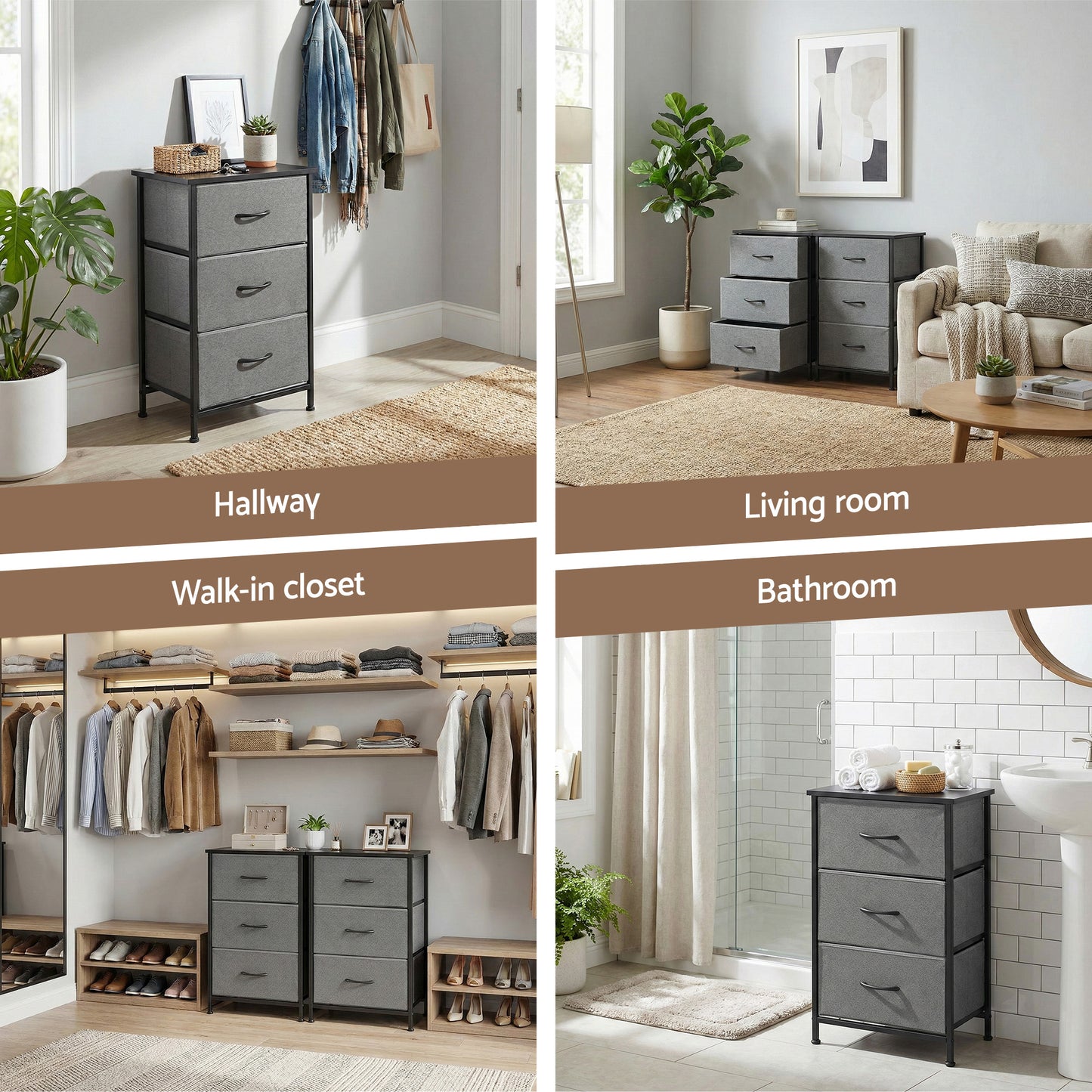 Chest of Drawers – 3 Spacious Grey Drawers with Metal Frame