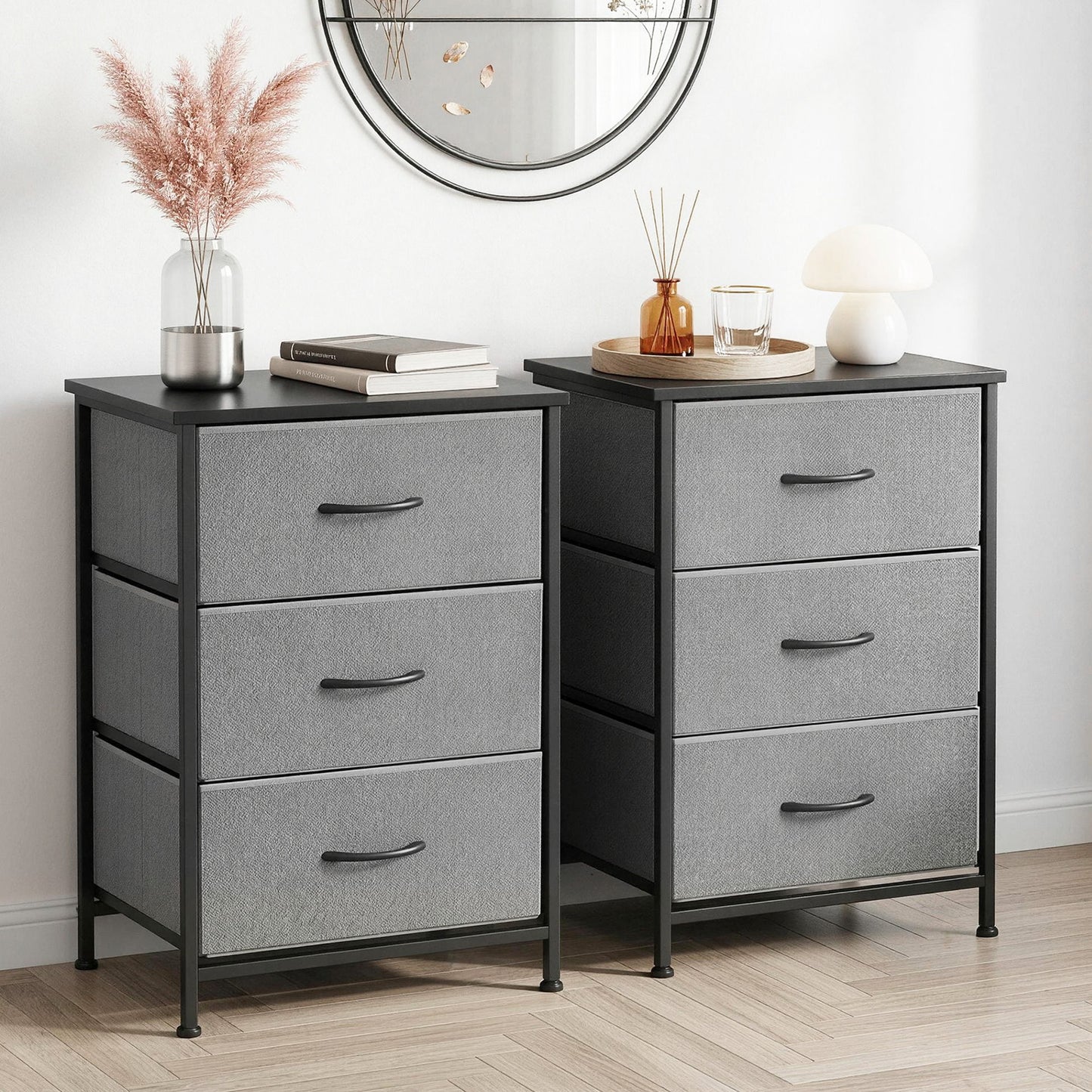 Chest of Drawers Set of 2 – 3-Drawer Storage Dresser, Grey