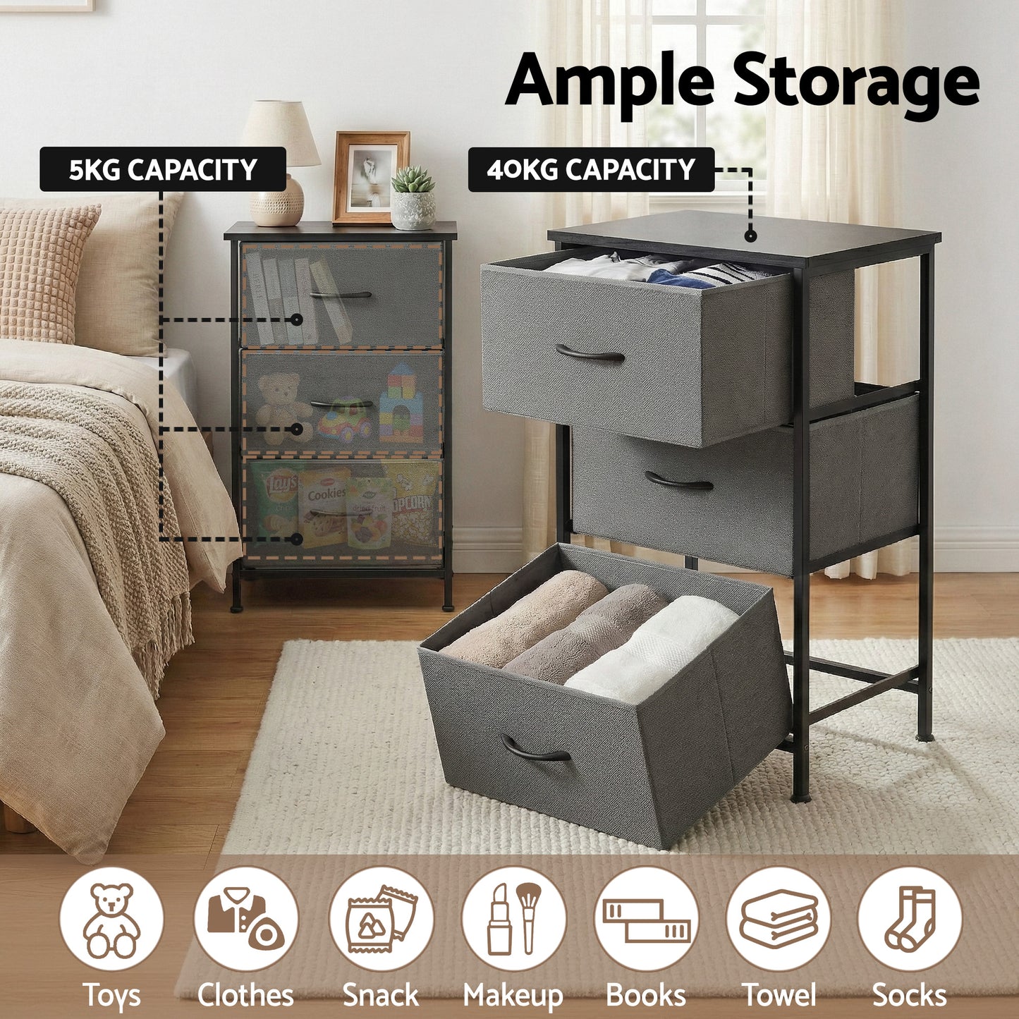 Chest of Drawers Set of 2 – 3-Drawer Storage Dresser, Grey