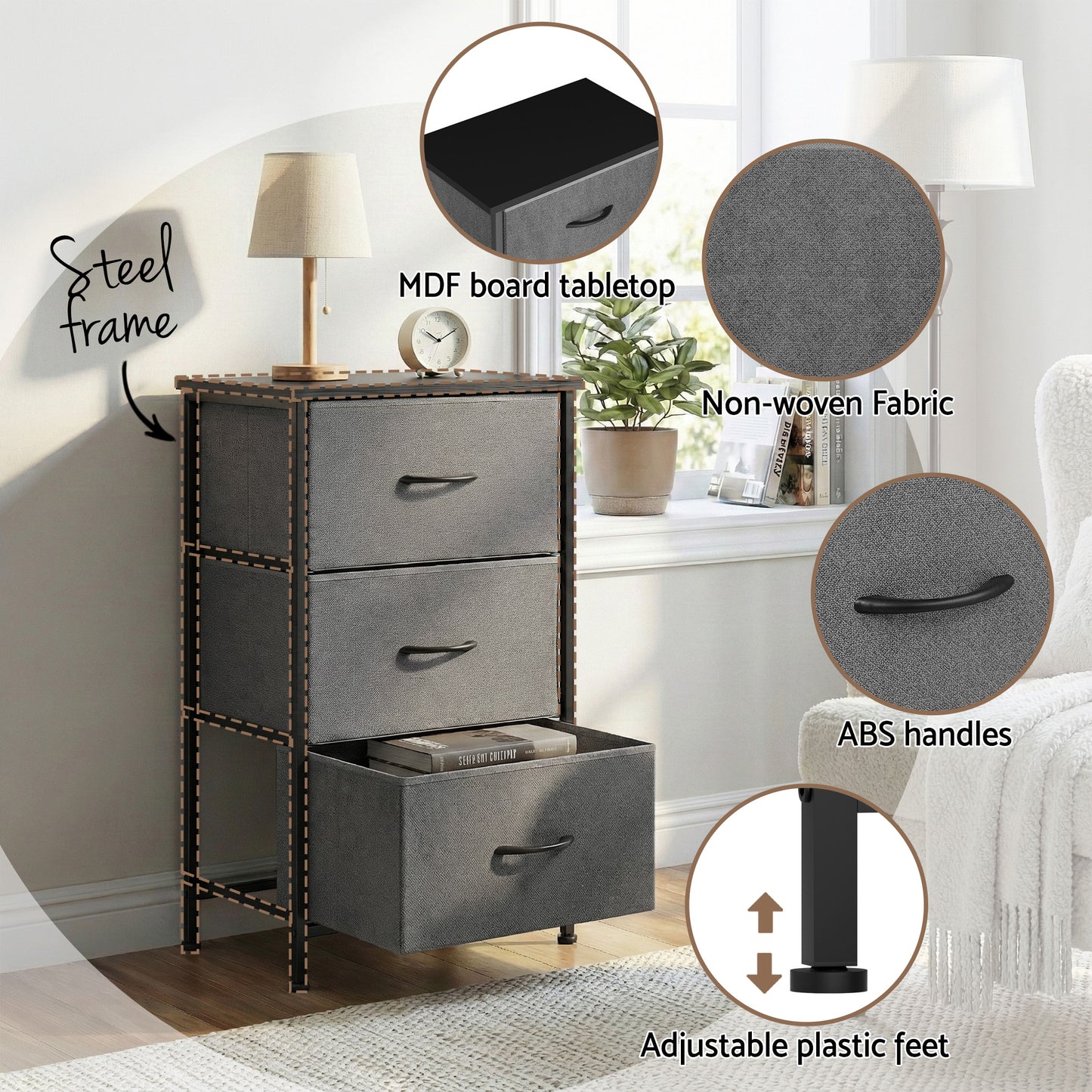 Chest of Drawers Set of 2 – 3-Drawer Storage Dresser, Grey