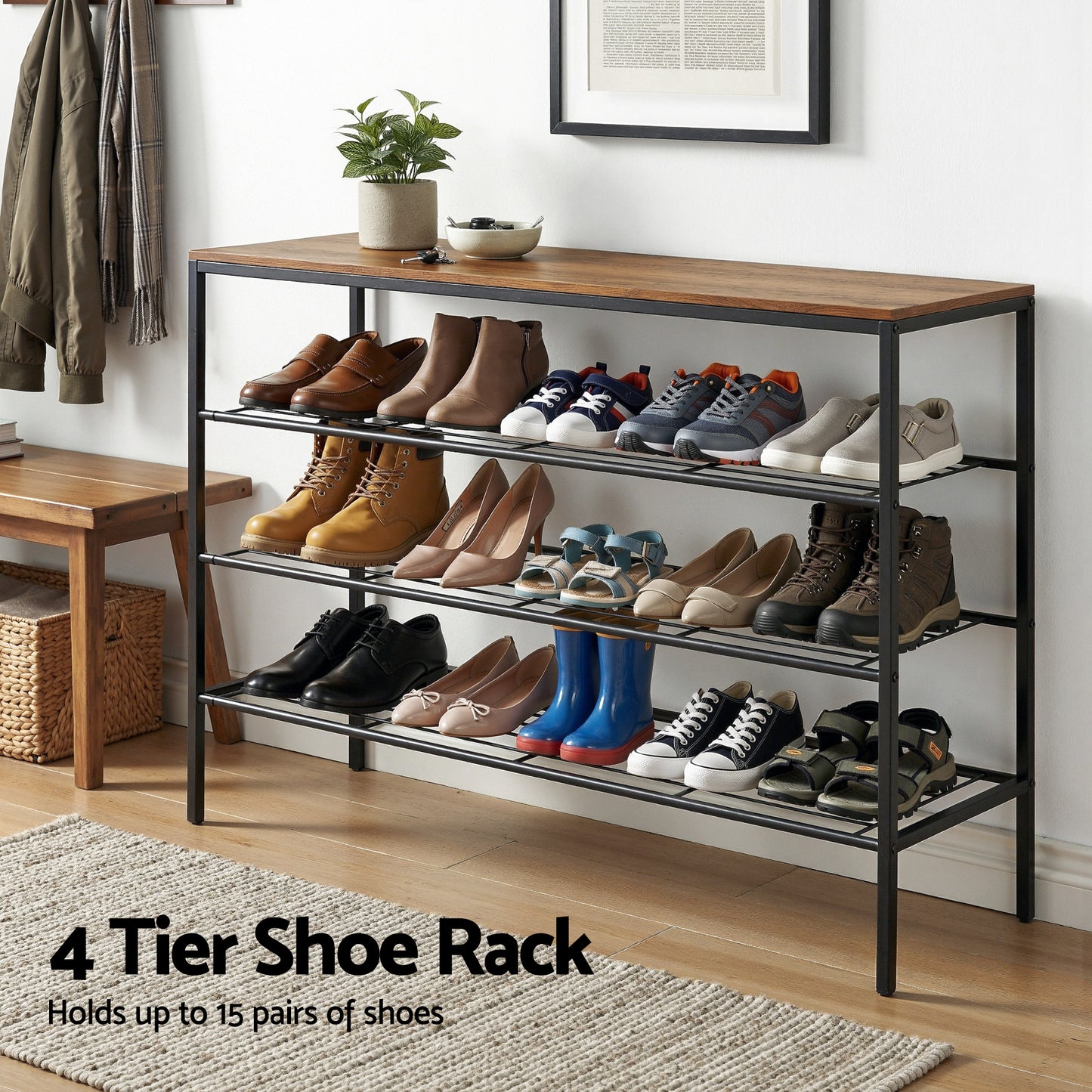 Shoe Rack – 4-Tier Storage Organizer, Walnut Finish