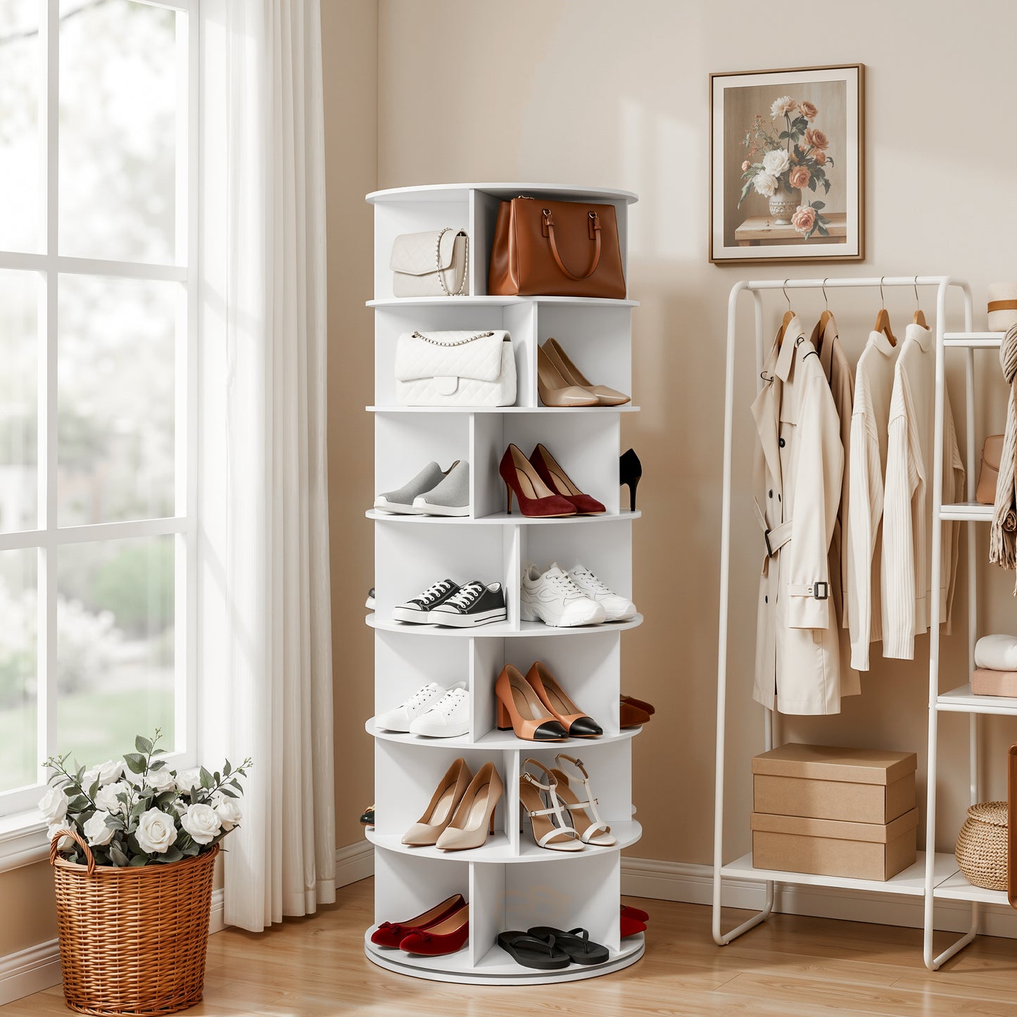 7-Tier Rotating Shoe Rack – 360° Access, White PVC