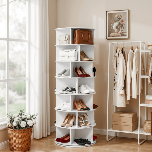 7-Tier Rotating Shoe Rack – 360° Access, White PVC