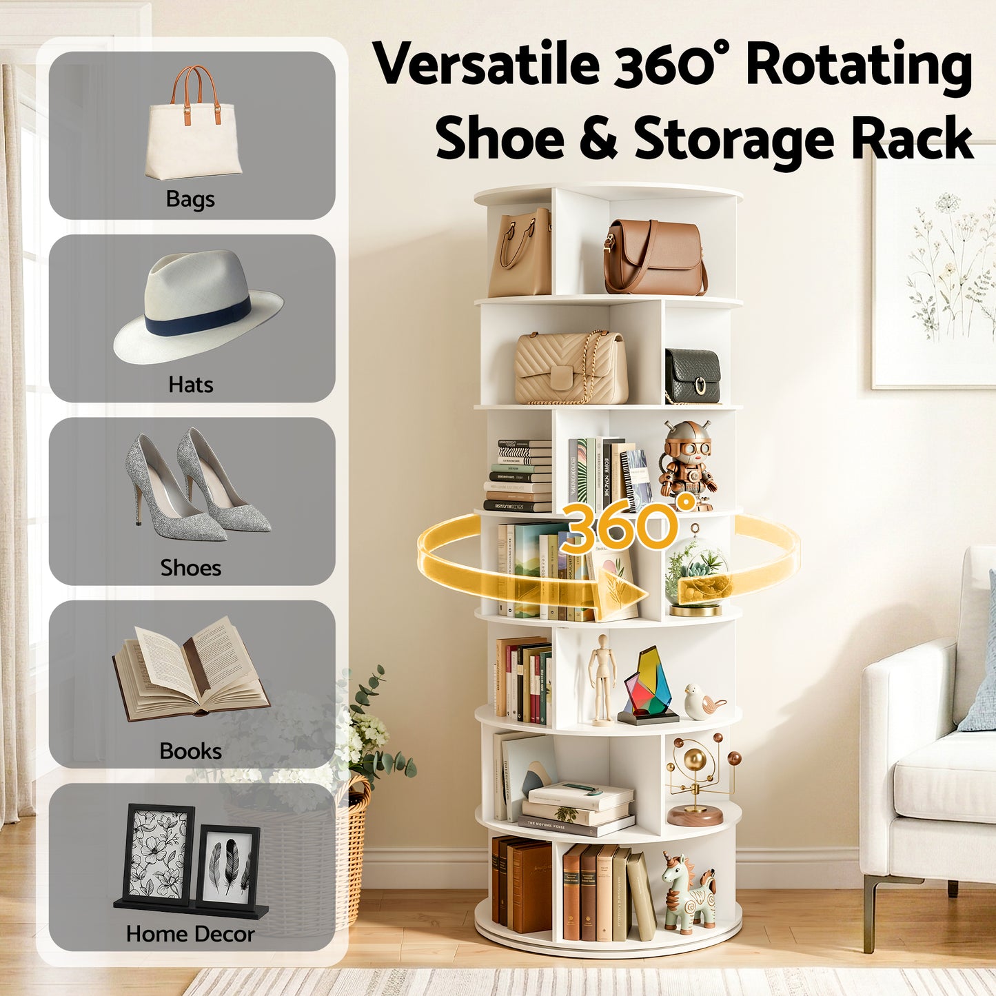 7-Tier Rotating Shoe Rack – 360° Access, White PVC