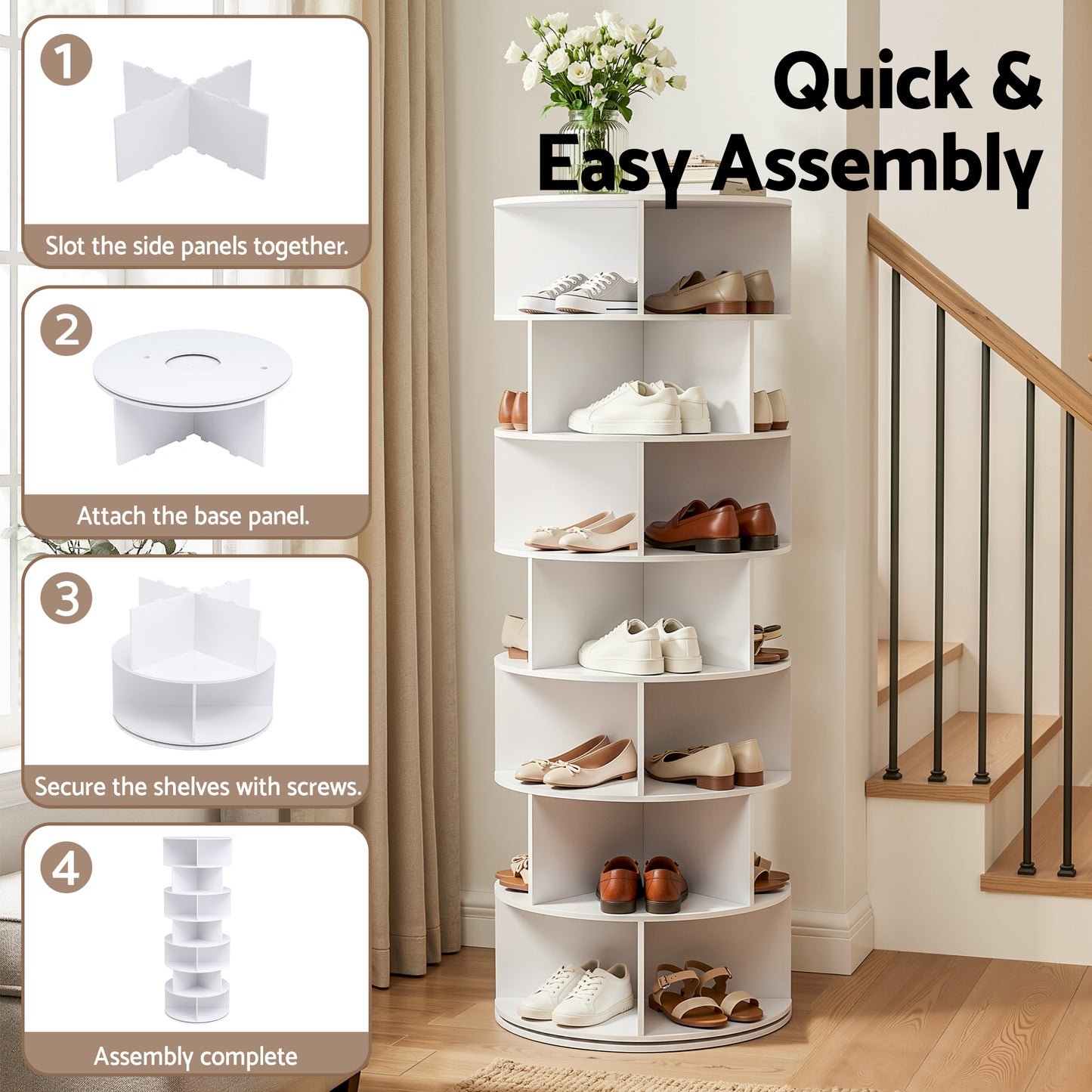 7-Tier Rotating Shoe Rack – 360° Access, White PVC