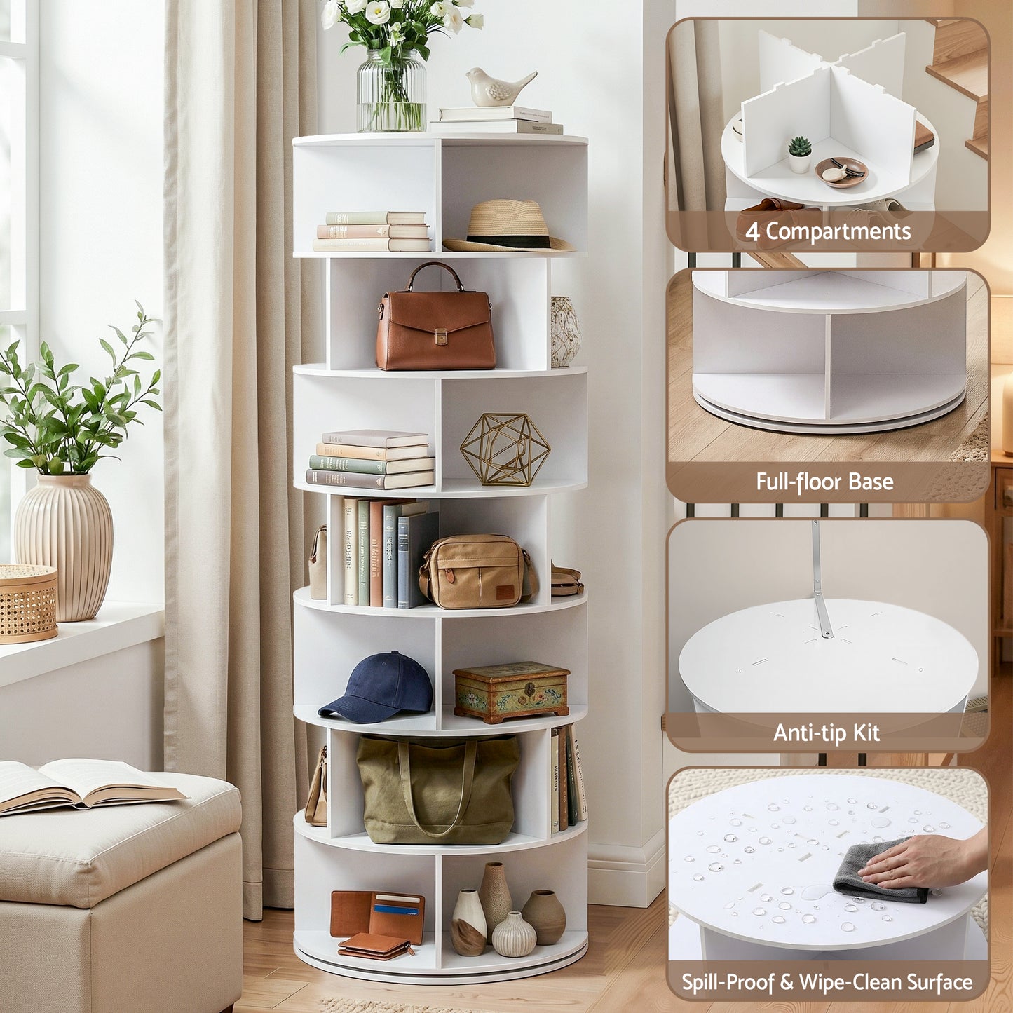 7-Tier Rotating Shoe Rack – 360° Access, White PVC