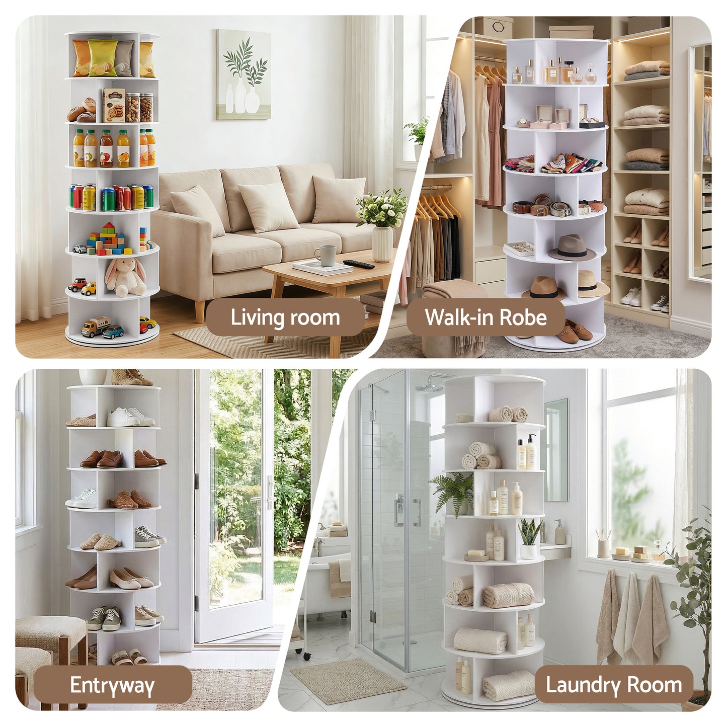 7-Tier Rotating Shoe Rack – 360° Access, White PVC