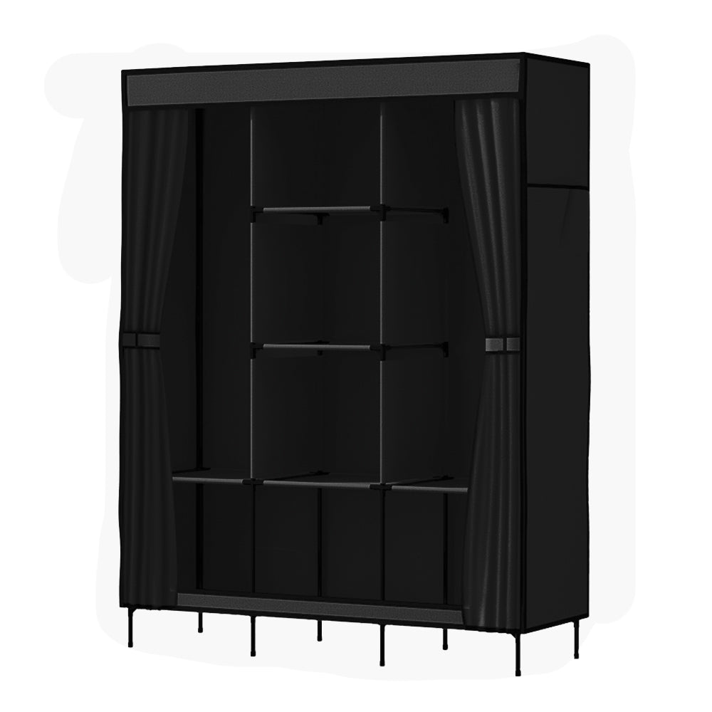 Portable Clothes Wardrobe with Shelves – Large, Black, Metal Frame
