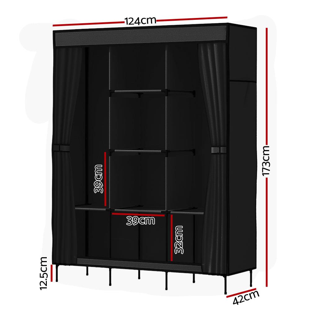 Portable Clothes Wardrobe with Shelves – Large, Black, Metal Frame