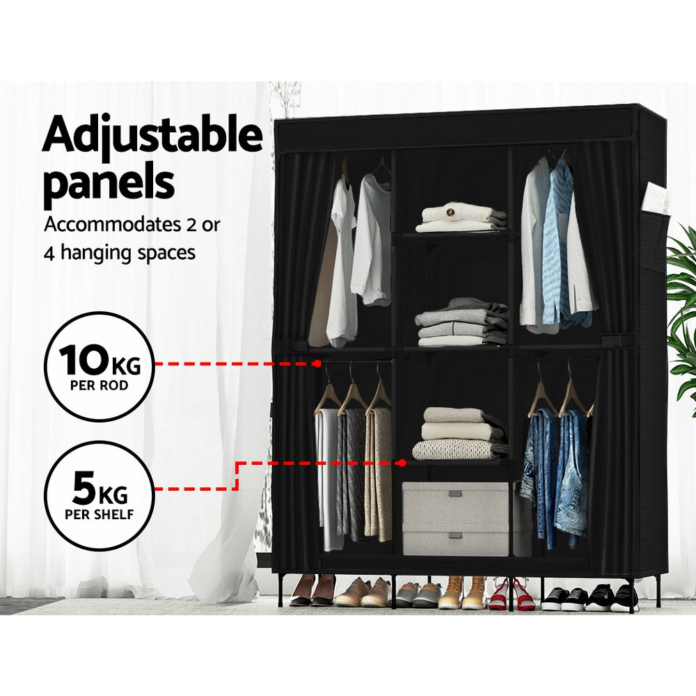 Portable Clothes Wardrobe with Shelves – Large, Black, Metal Frame