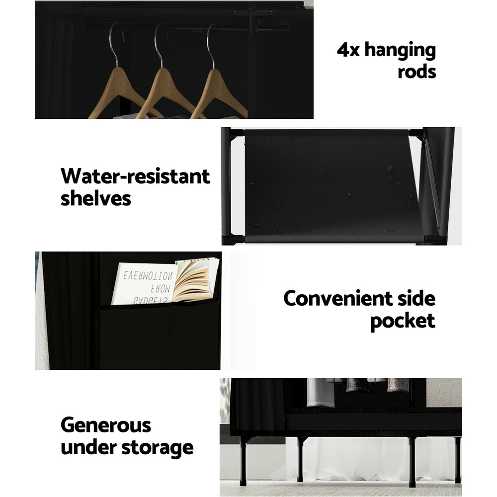 Portable Clothes Wardrobe with Shelves – Large, Black, Metal Frame