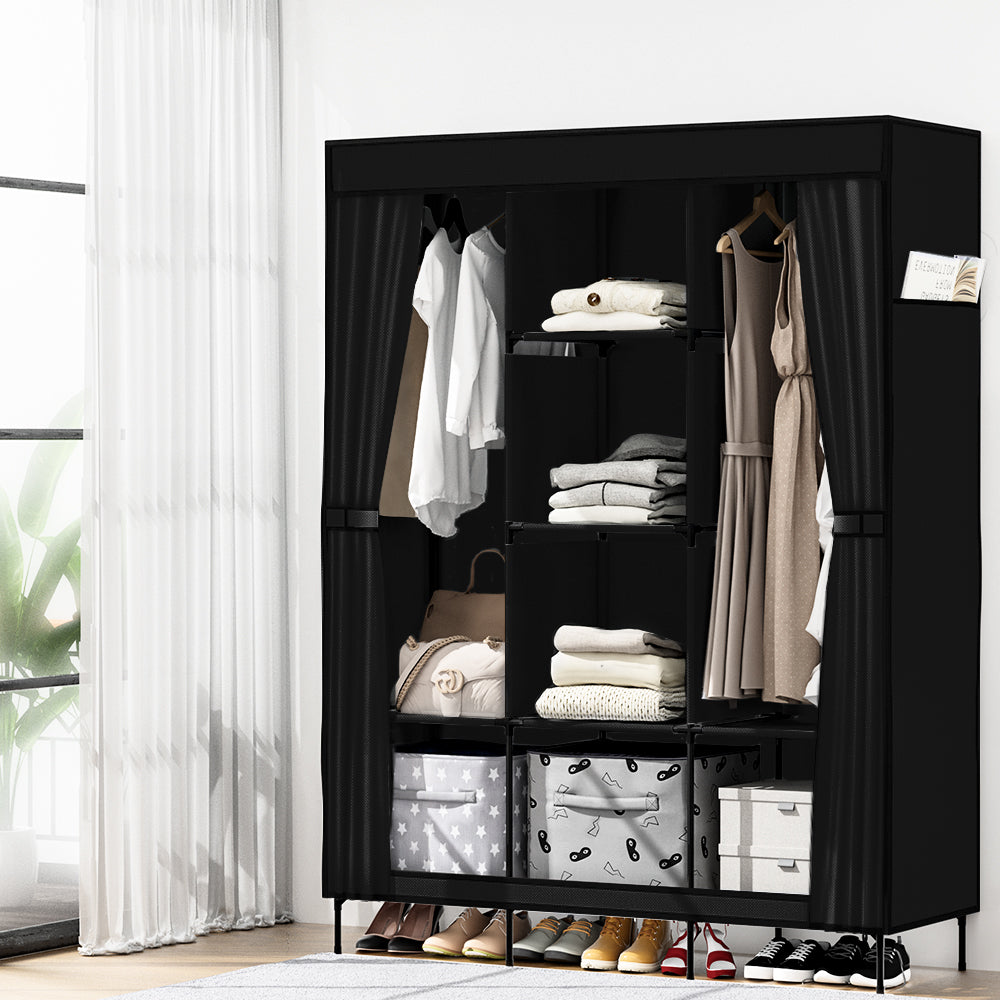 Portable Clothes Wardrobe with Shelves – Large, Black, Metal Frame