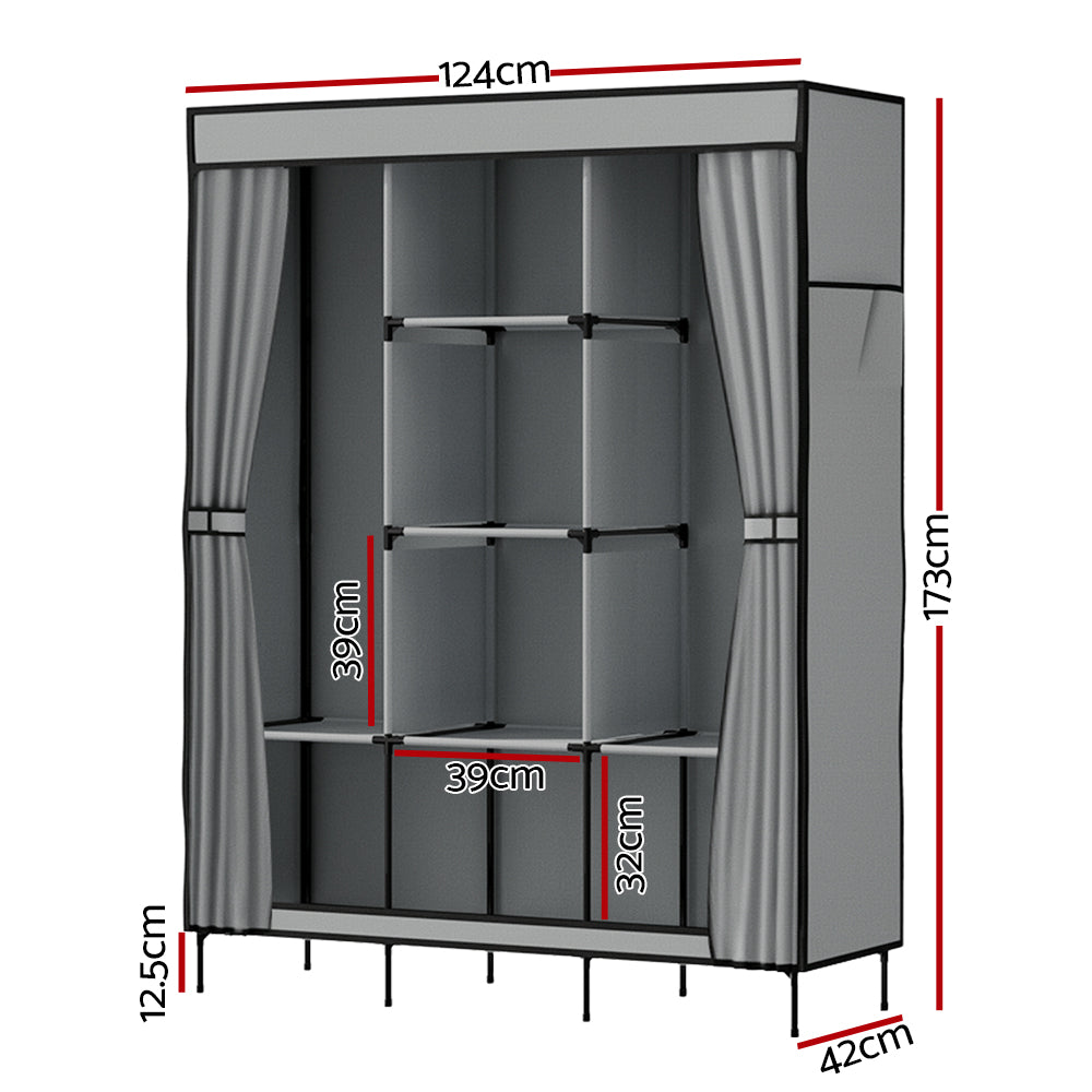 Portable Clothes Wardrobe with Shelves – Large, Grey, Non-Woven Fabric