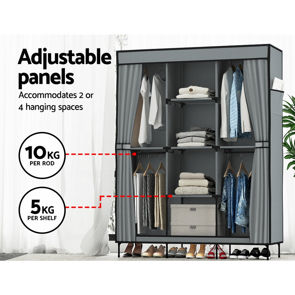 Portable Clothes Wardrobe with Shelves – Large, Grey, Non-Woven Fabric