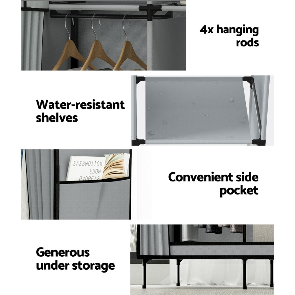 Portable Clothes Wardrobe with Shelves – Large, Grey, Non-Woven Fabric