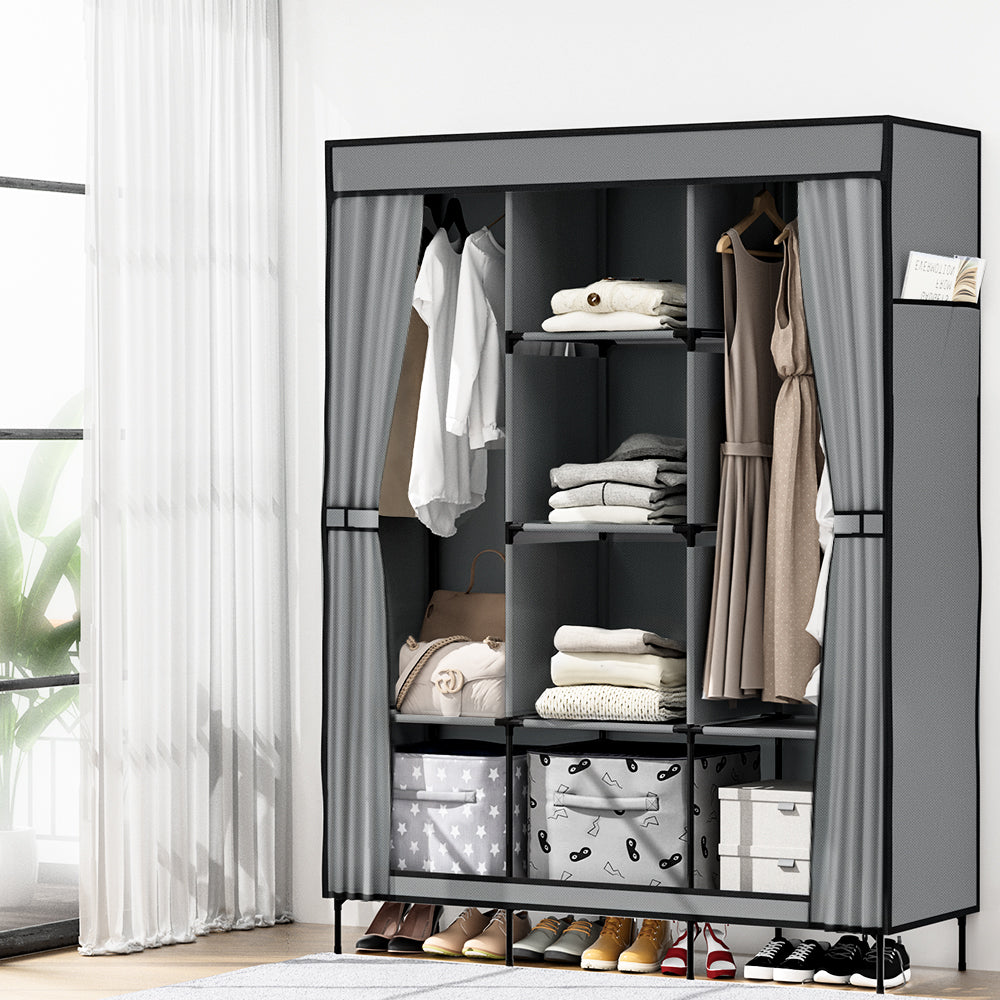 Portable Clothes Wardrobe with Shelves – Large, Grey, Non-Woven Fabric