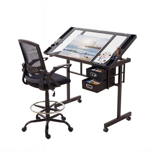 TWSC Drawing Table with Ergonomic Office Chair, Drafting Tables with Tempered Glass Desktop, Removable Drawers, Drafting Stool with Height Adjustable for Artwork Painting Studio