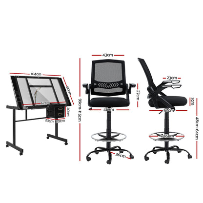 TWSC Drawing Table with Ergonomic Office Chair, Drafting Tables with Tempered Glass Desktop, Removable Drawers, Drafting Stool with Height Adjustable for Artwork Painting Studio