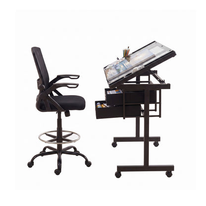 TWSC Drawing Table with Ergonomic Office Chair, Drafting Tables with Tempered Glass Desktop, Removable Drawers, Drafting Stool with Height Adjustable for Artwork Painting Studio