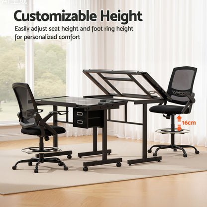 TWSC Drawing Table with Ergonomic Office Chair, Drafting Tables with Tempered Glass Desktop, Removable Drawers, Drafting Stool with Height Adjustable for Artwork Painting Studio