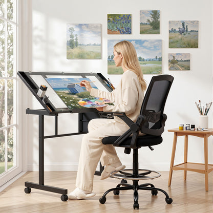 TWSC Drawing Table with Ergonomic Office Chair, Drafting Tables with Tempered Glass Desktop, Removable Drawers, Drafting Stool with Height Adjustable for Artwork Painting Studio