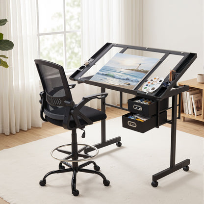 TWSC Drawing Table with Ergonomic Office Chair, Drafting Tables with Tempered Glass Desktop, Removable Drawers, Drafting Stool with Height Adjustable for Artwork Painting Studio