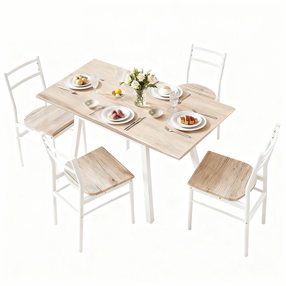 Dining Table and Chairs Set – Foldable Design, Natural Wood and White Finish