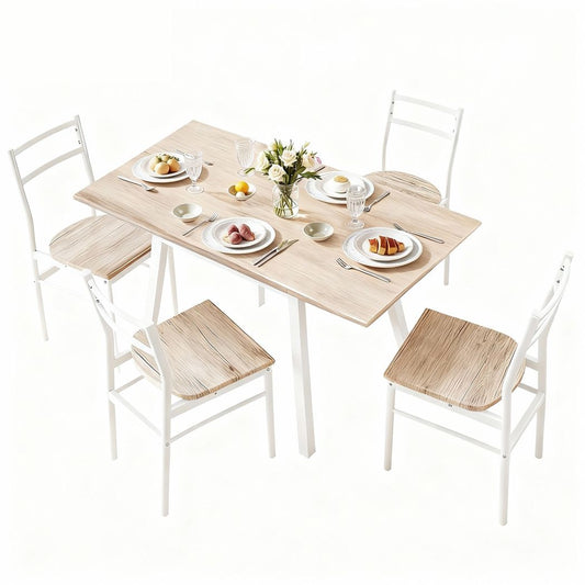 TWSC Dining Table and Chairs Set 5pcs with Extendable 60-120cm Drop-Leaf Table Natural White