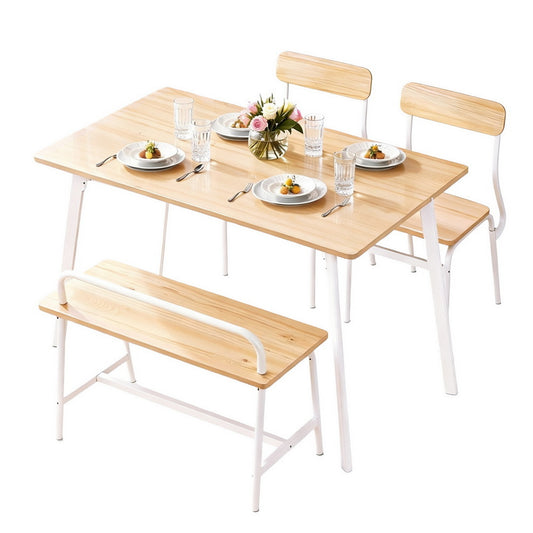 Dining Table and Chairs Set with Bench – Natural Wood and White Finish, Seats 4