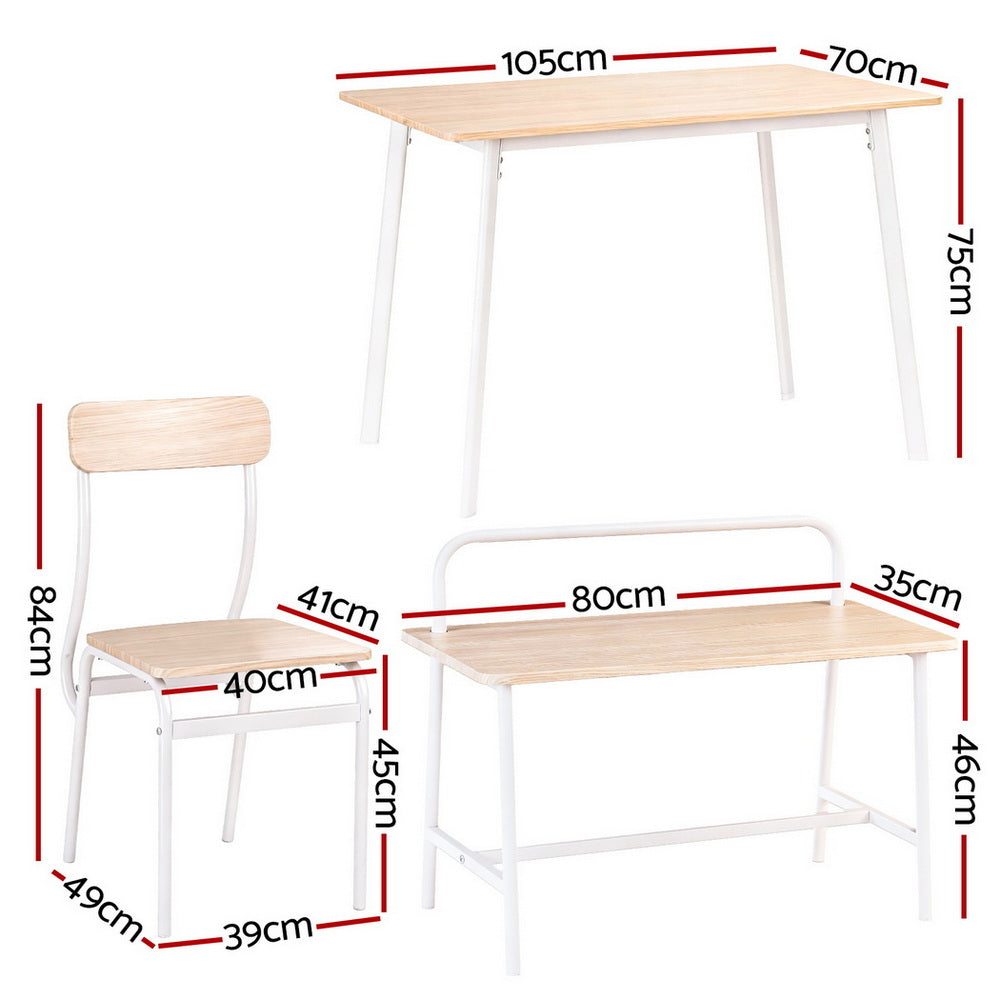 Dining Table and Chairs Set with Bench – Natural Wood and White Finish, Seats 4