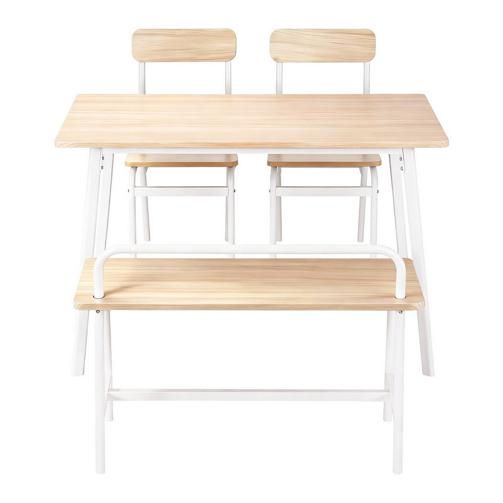 Dining Table and Chairs Set with Bench – Natural Wood and White Finish, Seats 4