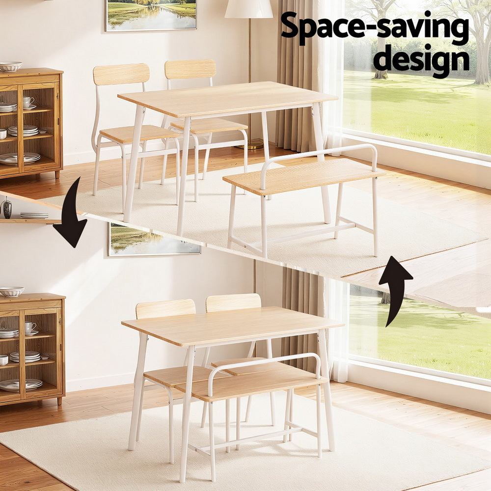Dining Table and Chairs Set with Bench – Natural Wood and White Finish, Seats 4