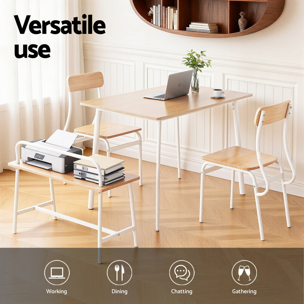 Dining Table and Chairs Set with Bench – Natural Wood and White Finish, Seats 4