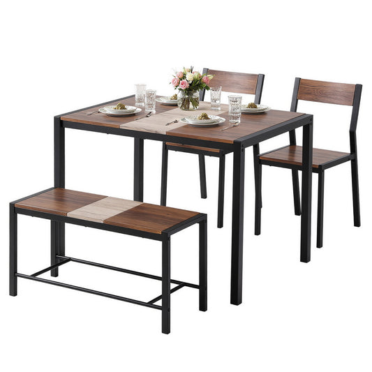 Dining Table and Chairs Set with Bench – Rustic Brown Kitchen Furniture, 4-Piece