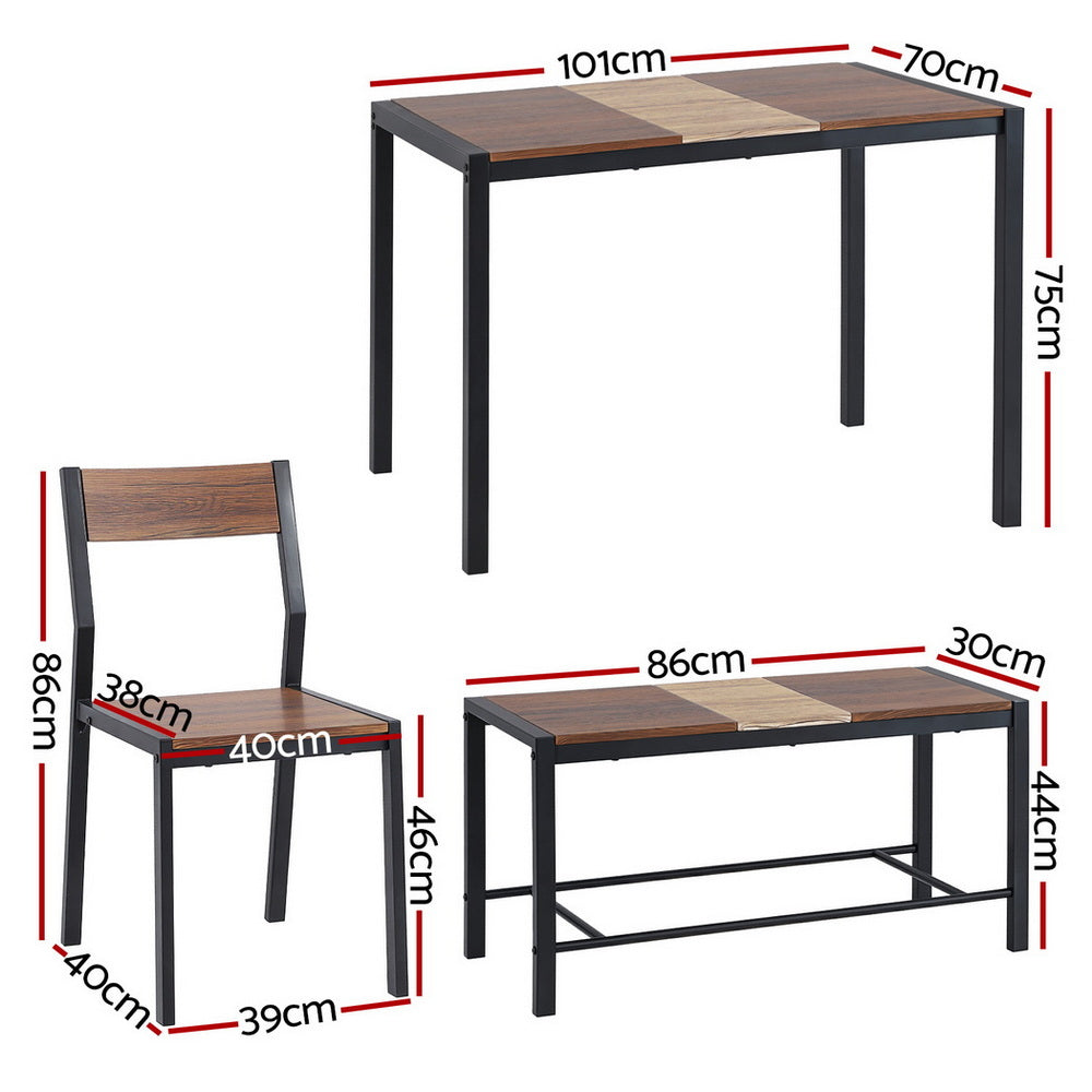 Dining Table and Chairs Set with Bench – Rustic Brown Kitchen Furniture, 4-Piece