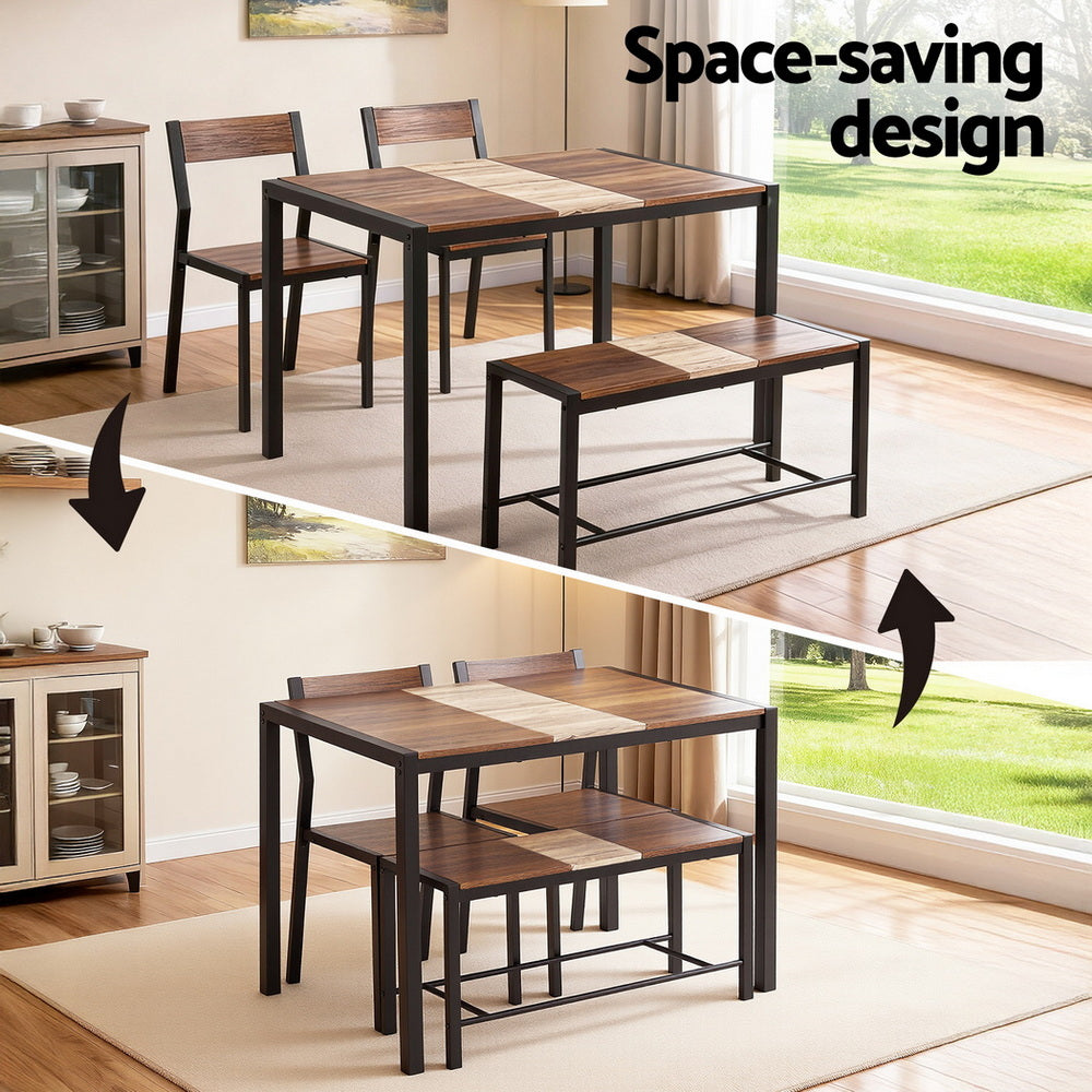 Dining Table and Chairs Set with Bench – Rustic Brown Kitchen Furniture, 4-Piece