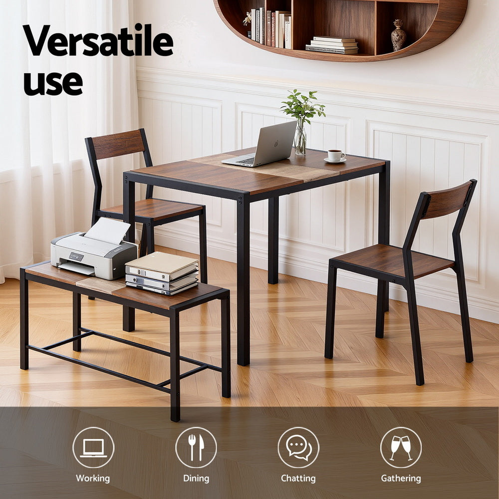 Dining Table and Chairs Set with Bench – Rustic Brown Kitchen Furniture, 4-Piece